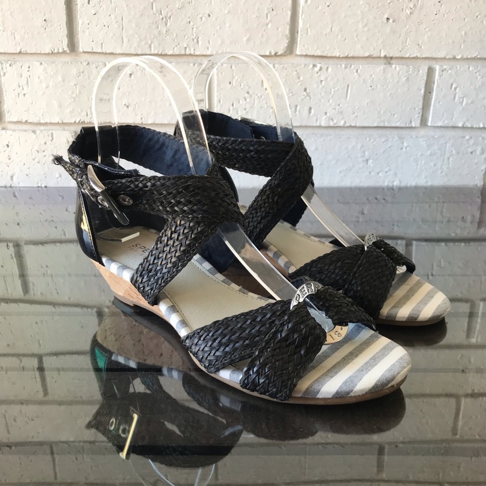 Sperry Alvina Black Woven Leather Wedge Sandals